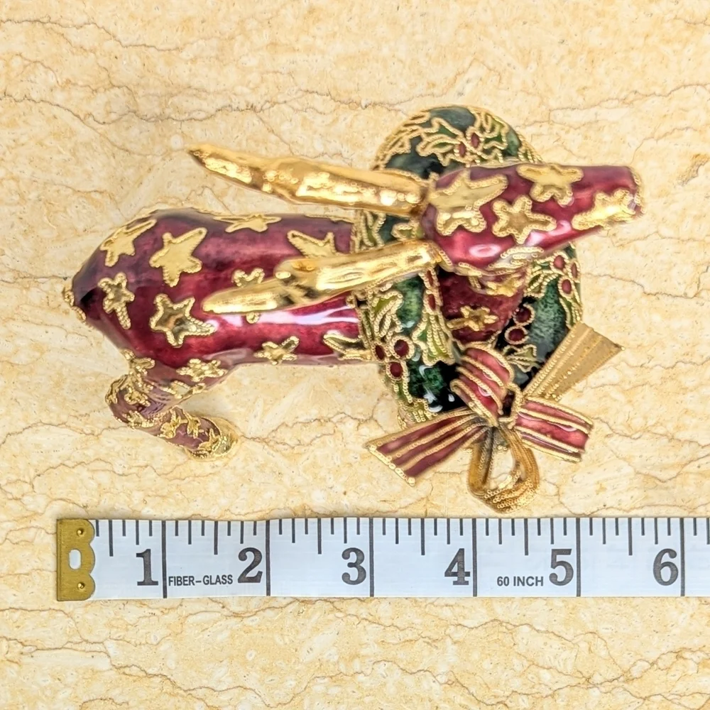 Vintage NYCO Cloisonne Enamel  Maroon Reindeer Gold Star Green Christmas Wreath